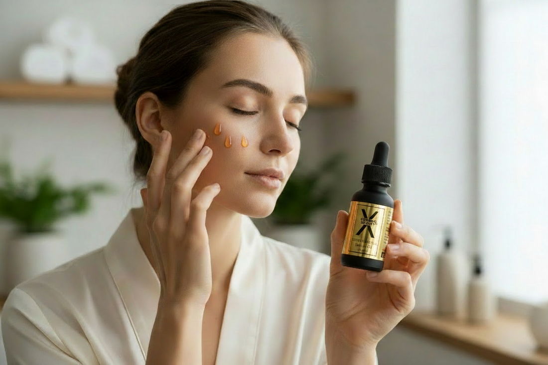 A woman applying Super Natural Beauty Oil to her face.