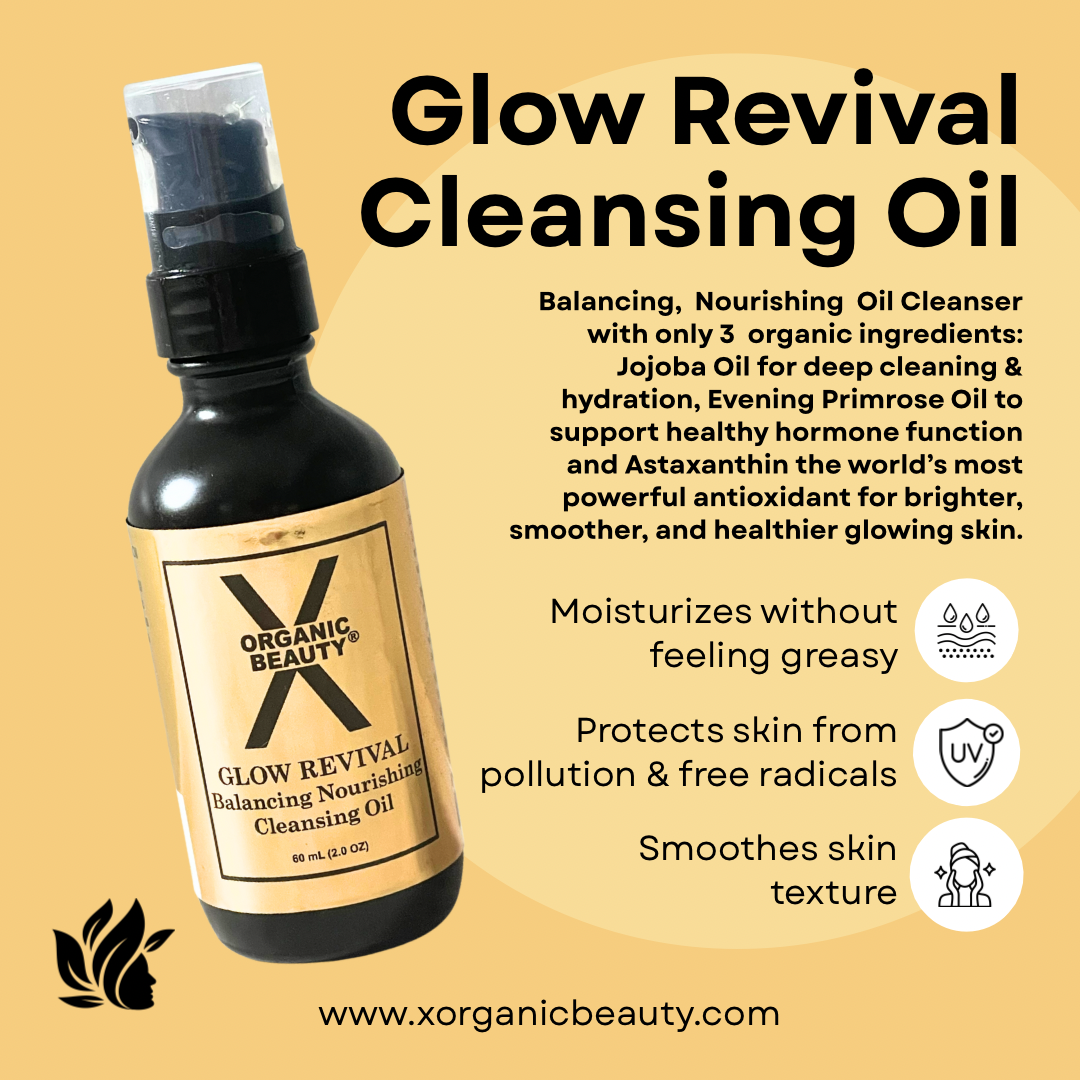 Graphic of Organic Glow Revival Cleansing Oil by Organic Beauty in a black glass bottle with a pump top spray with a gold label, shown on a light beige background with product text and feature icons.