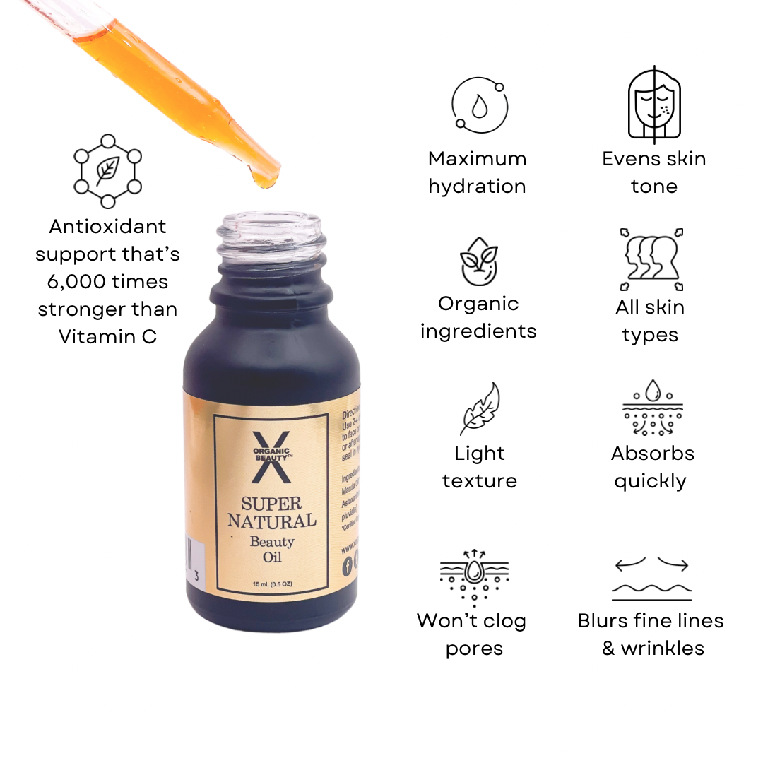 A bottle of Super Natural Beauty Oil with a gold label and amber dropper, shown on a white background with feature icons and text highlighting benefits like antioxidant support, even skin tone, and quick absorption.