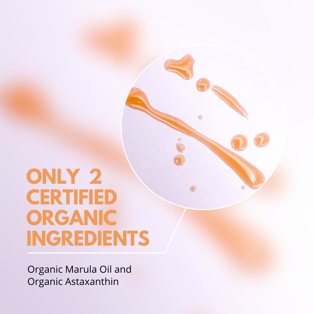 Graphic for Super Natural Beauty Oil featuring a circular close-up of amber-orange liquid droplets on a white surface, with text reading 'ONLY 2 CERTIFIED ORGANIC INGREDIENTS' and 'Organic Marula Oil and Organic Astaxanthin' on a soft white background.