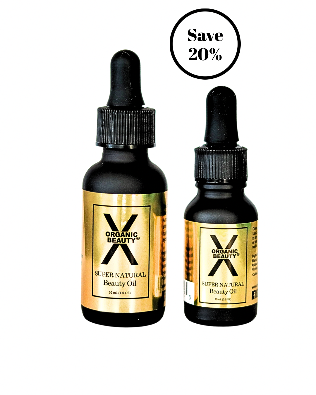 2 different size bottles of Super Natural Beauty Oil: The 1oz and the 1/2oz